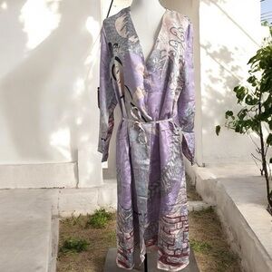 Vintage 100% Silk Kimono Robe Duster w Print japanese dragon geisha XL lavender
